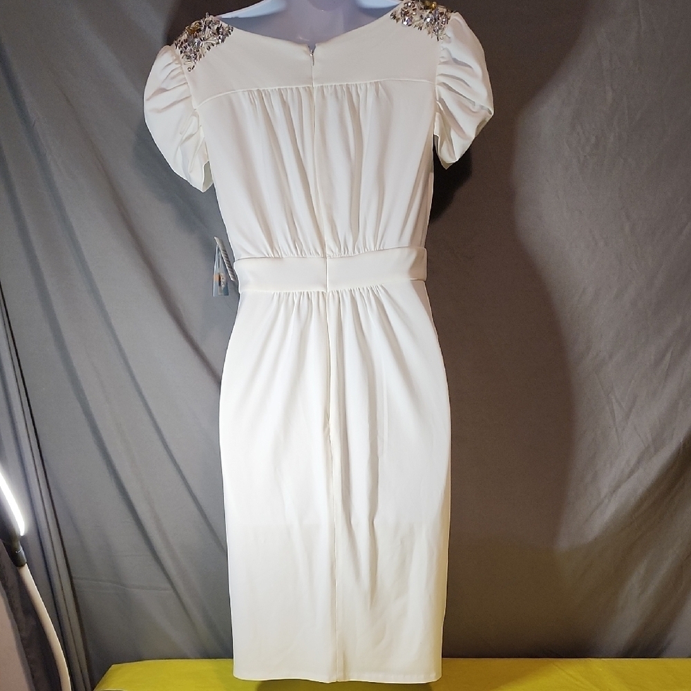 Suzi Chin for Maggy Boutique Cream Draped Midi Dress With Jewels - Picture 4 of 15